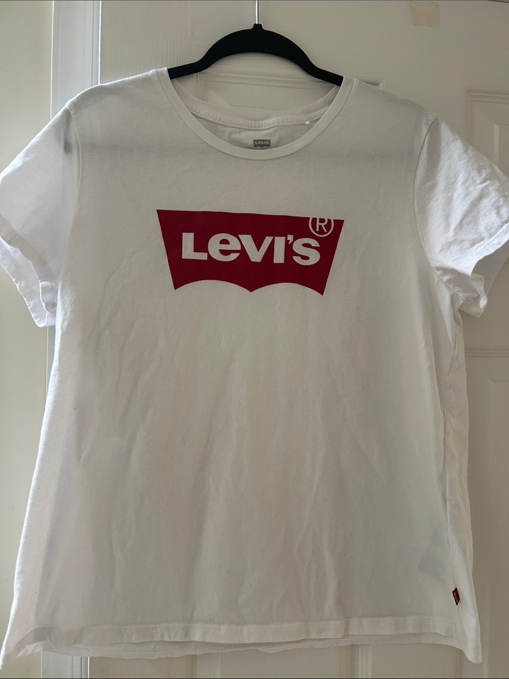 Levi's White Tee with Red Batwing Logo - Women’s Short Sleeve